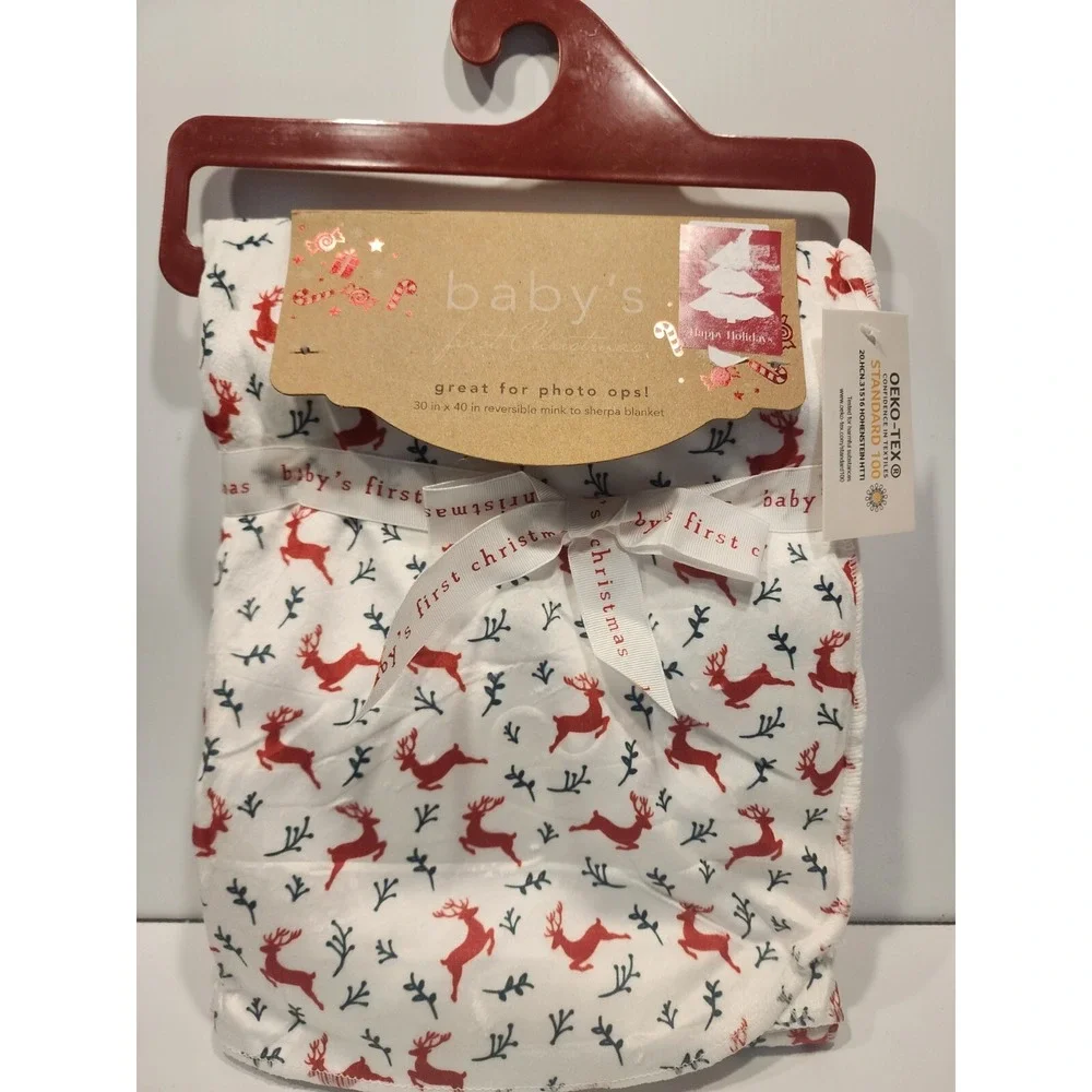 OEKO-TEX standard 100 Baby's First Christmas reversible mink to sherpa blanket